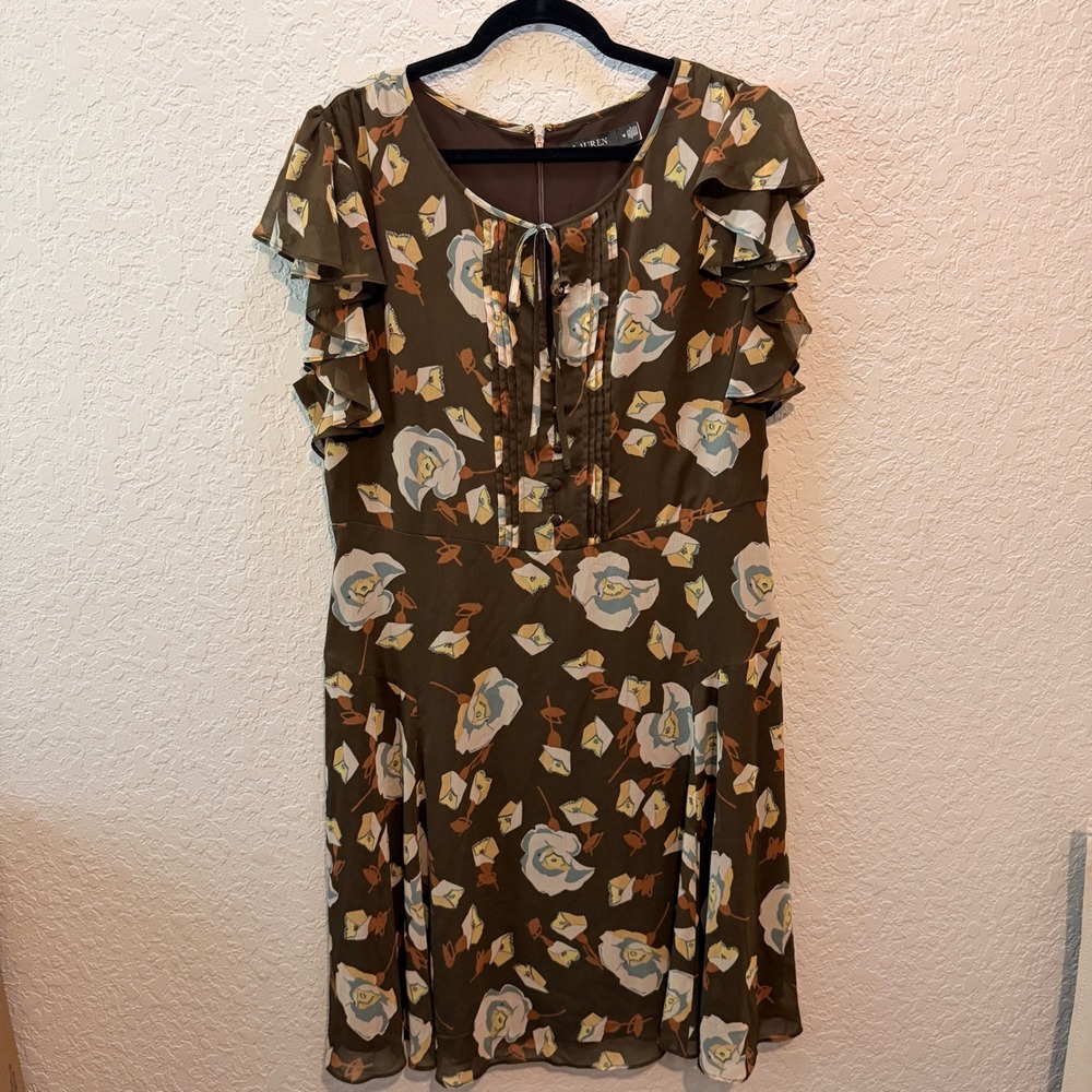 Lauren Ralph Lauren Floral Ruffle Sleeve Dress 16 Cottagecore Boho Brown